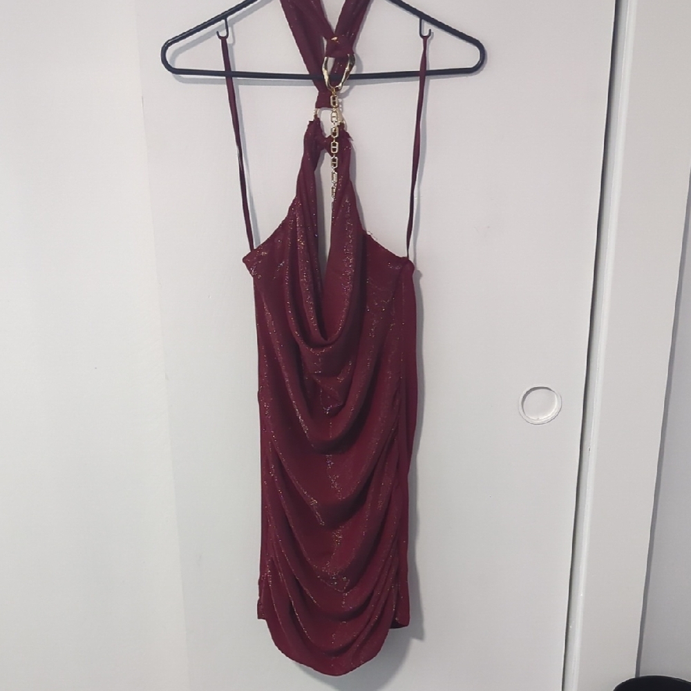 Windsor Burgundy Halter Cowl Mini Dress with Sparkle